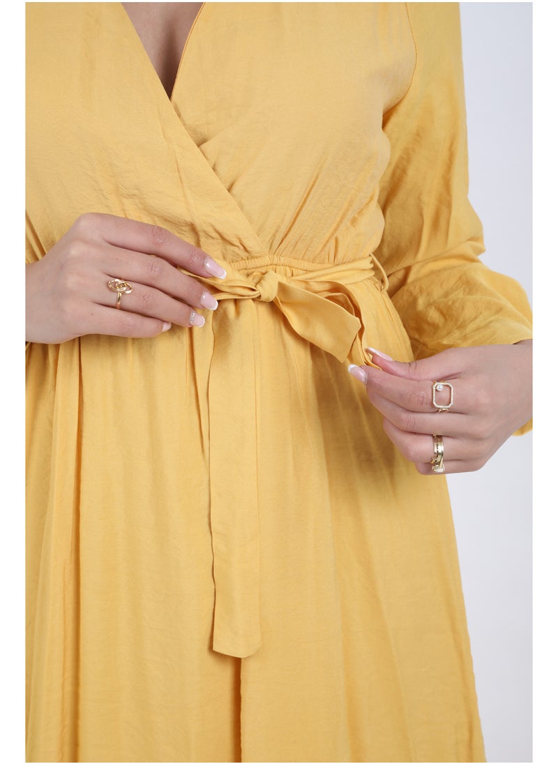 FULL JOY - Maxi Galabiya with long sleeves and a belt on the waist, yellow - Image 1