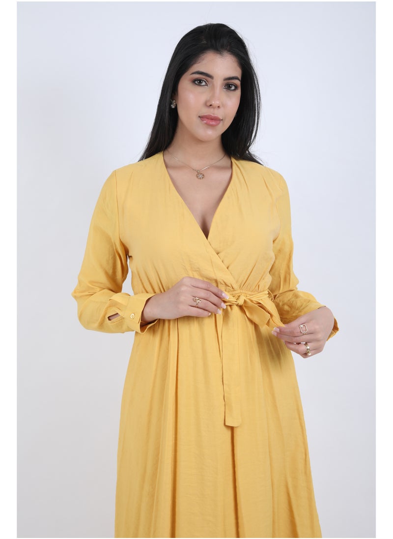 FULL JOY - Maxi Galabiya with long sleeves and a belt on the waist, yellow - Image 1