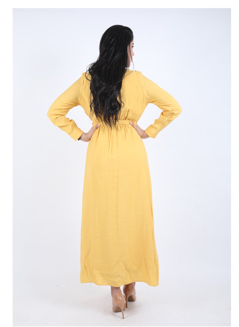 FULL JOY - Maxi Galabiya with long sleeves and a belt on the waist, yellow - Image 1