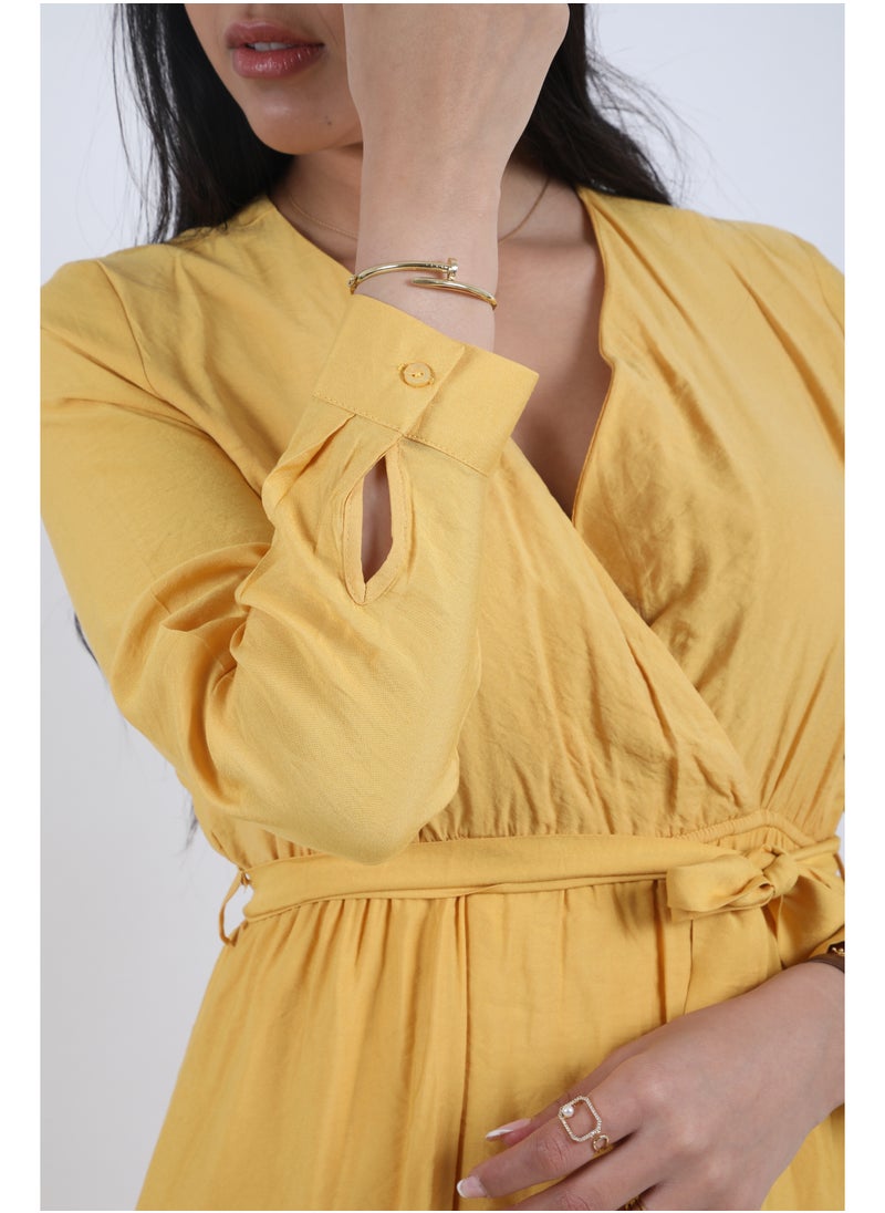 FULL JOY - Maxi Galabiya with long sleeves and a belt on the waist, yellow - Image 1