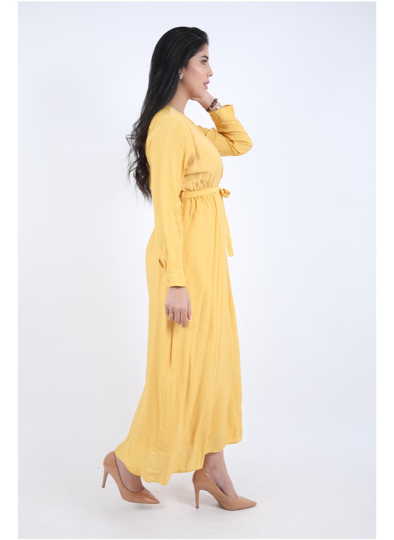 FULL JOY - Maxi Galabiya with long sleeves and a belt on the waist, yellow - Image 1