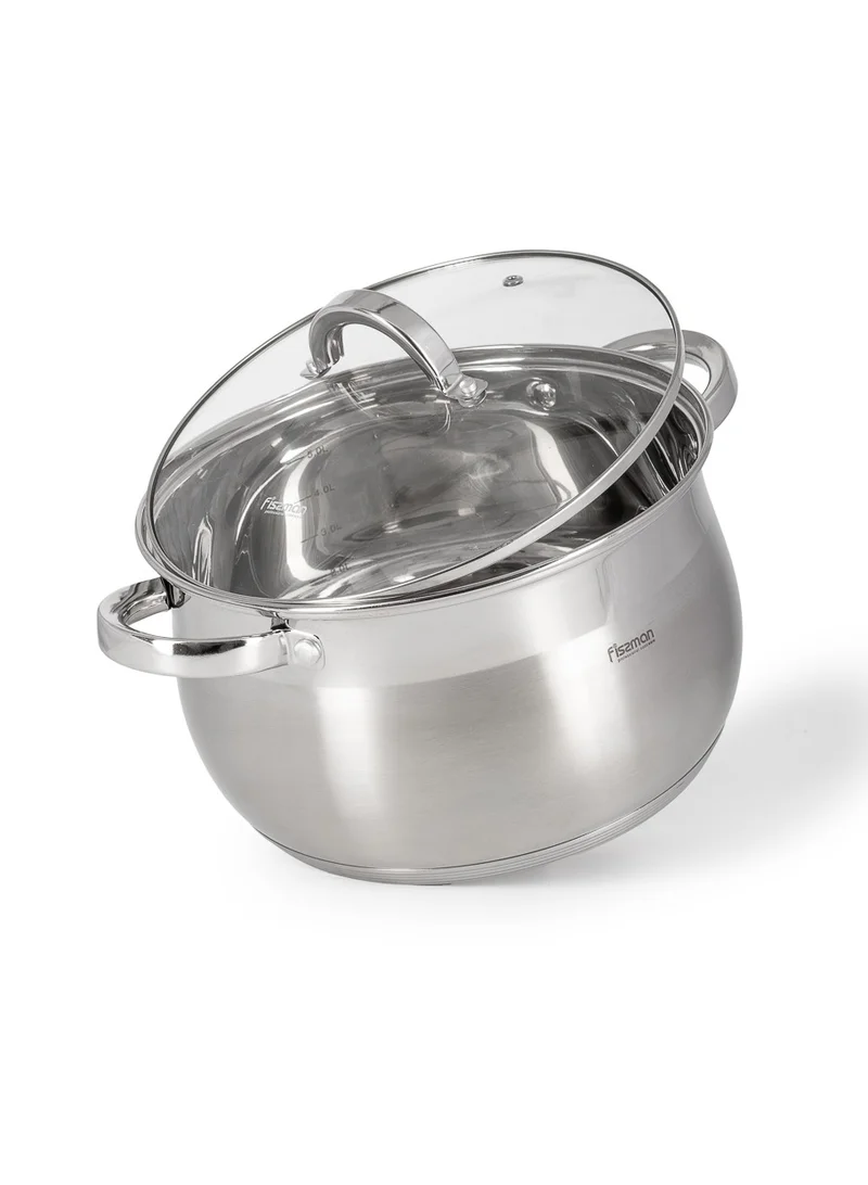 فيسمان Stockpot with Glass Lid 24x14.5cm / 6.5 Liter with Measuring Mark, Stainless Steel Stockpot Felina Series | Stay-cool Handle | Induction Ready | Dishwasher Safe | Compatible with All Stovetops