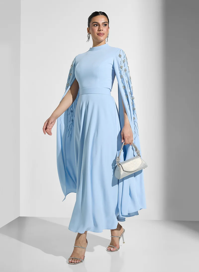 Akadia Fashion Embellished Cape Midi Dress