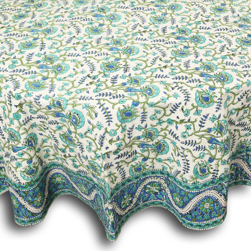 India Arts Hand Block Print Tablecloth Round 72 inch 100 Cotton Blue Green Floral Table Cloth for Kitchen Dining Linen Weddings Holiday Party Restaurant SpringSummerFall Home Decor