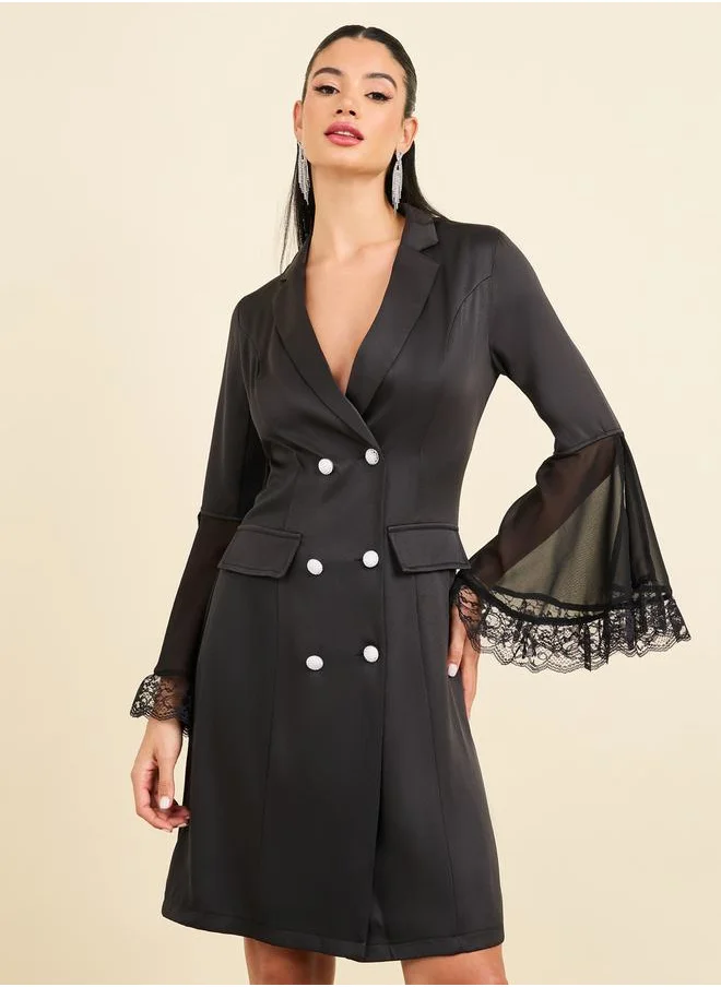Styli Satin Lace Trim Bell Sleeves Blazer Mini Dress