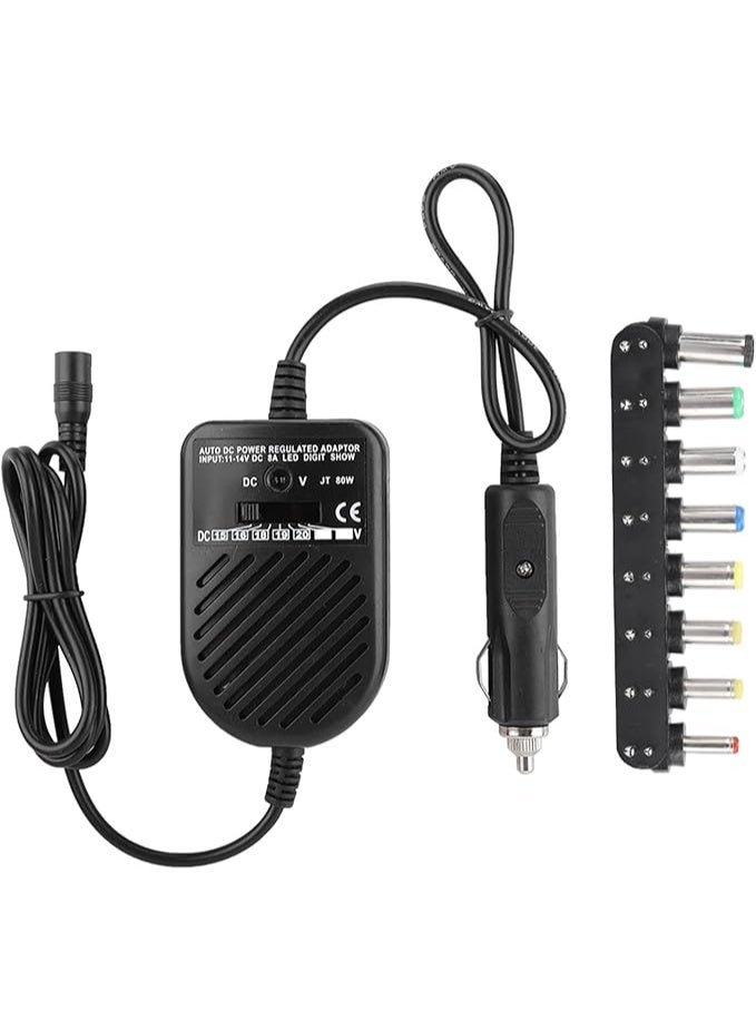 Terabyte Adjustable Output Voltage 80W DC Car Charger Adapter with Power LED Monitor, 8 Interchangeable Tips for Laptop Notebook, Stabilized Output, Low Ripple Low Interference - Image 2