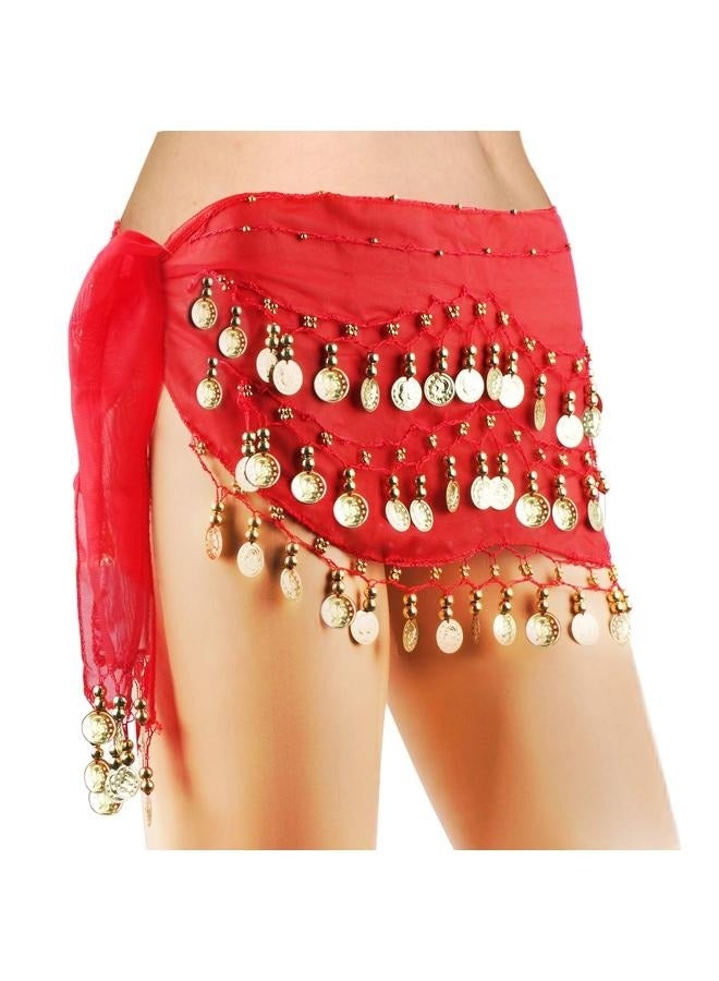 Belly Dance Hip Scarf Waist Belt With Gold Coins Suitable For Girls，Belly Dance Hip Scarf, Women's Chiffon Belly Dancing Scarf with 128 Coins for Yoga Class  - Image 1