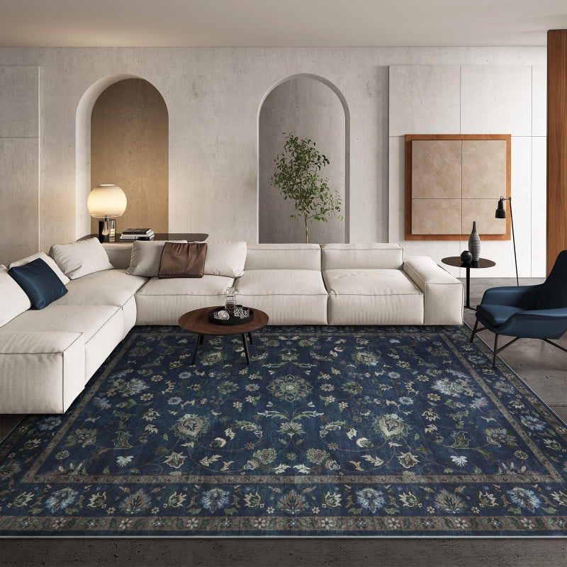 Wonnitar Vintage Floral Rugs for Living Room, Washable 8x10 Area Rugs, Low Pile Non Shedding Stain Resistant Rugs for Bedroom Dining Room Home Office Department,(Blue,8x10) - Image 1