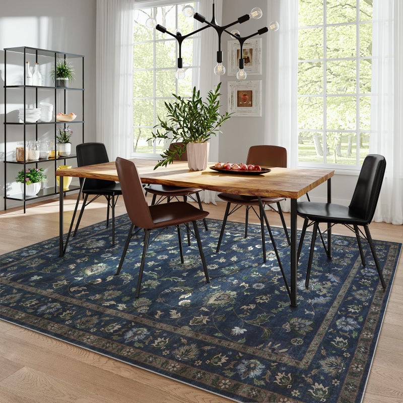 Wonnitar Vintage Floral Rugs for Living Room, Washable 8x10 Area Rugs, Low Pile Non Shedding Stain Resistant Rugs for Bedroom Dining Room Home Office Department,(Blue,8x10) - Image 2