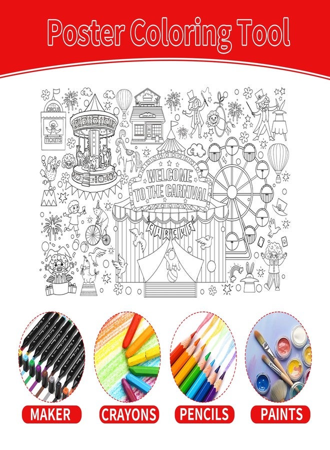 KIRIN Circus Carnival Giant Coloring Poster Circus Carnival Theme Birthday Party Decorations with 51.2x31.5 Inch Large Coloring Tablecloth Banner DIY Drawing Paper Sheet - Image 3