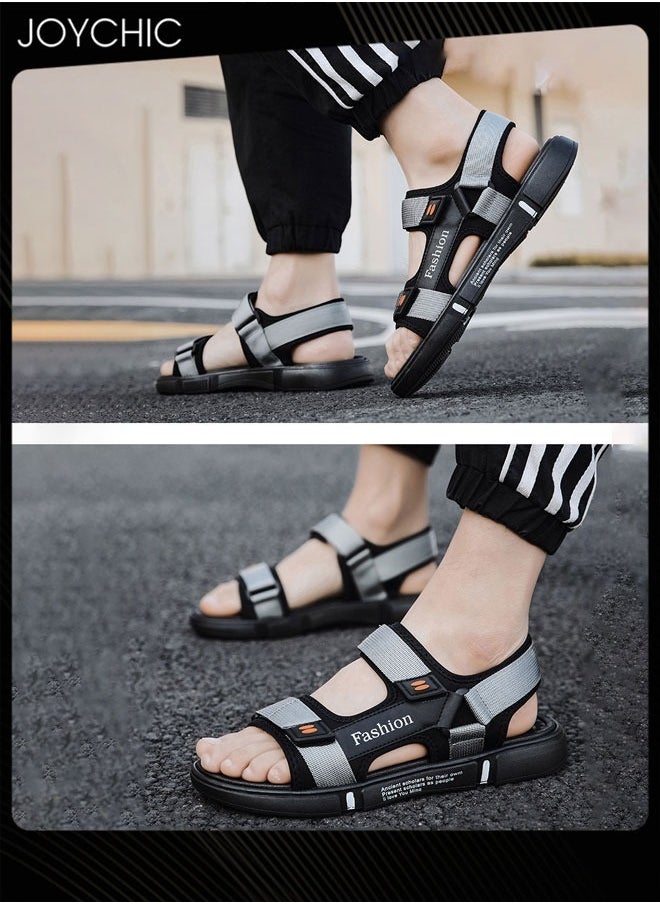 Joychic - Men Trendy Outdoor Personalized Flat Shoes Waterproof Anti-slip Open Toe Breathable Summer Beach Sandals Black+Grey - Image 1