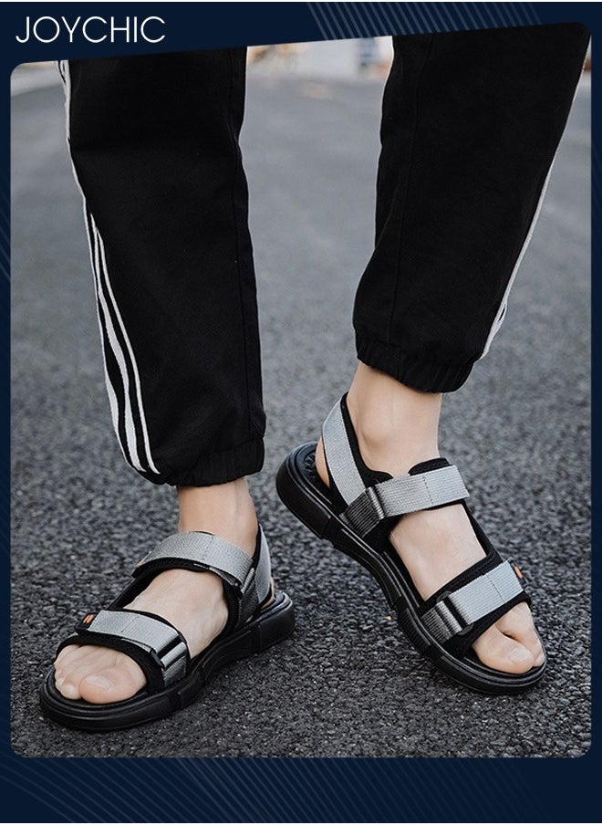 Joychic - Men Trendy Outdoor Personalized Flat Shoes Waterproof Anti-slip Open Toe Breathable Summer Beach Sandals Black+Grey - Image 1