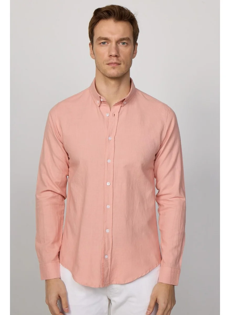 تودورس Tudors Slim Fit Long Sleeve Buttoned Collar Linen Powder Men's Shirt