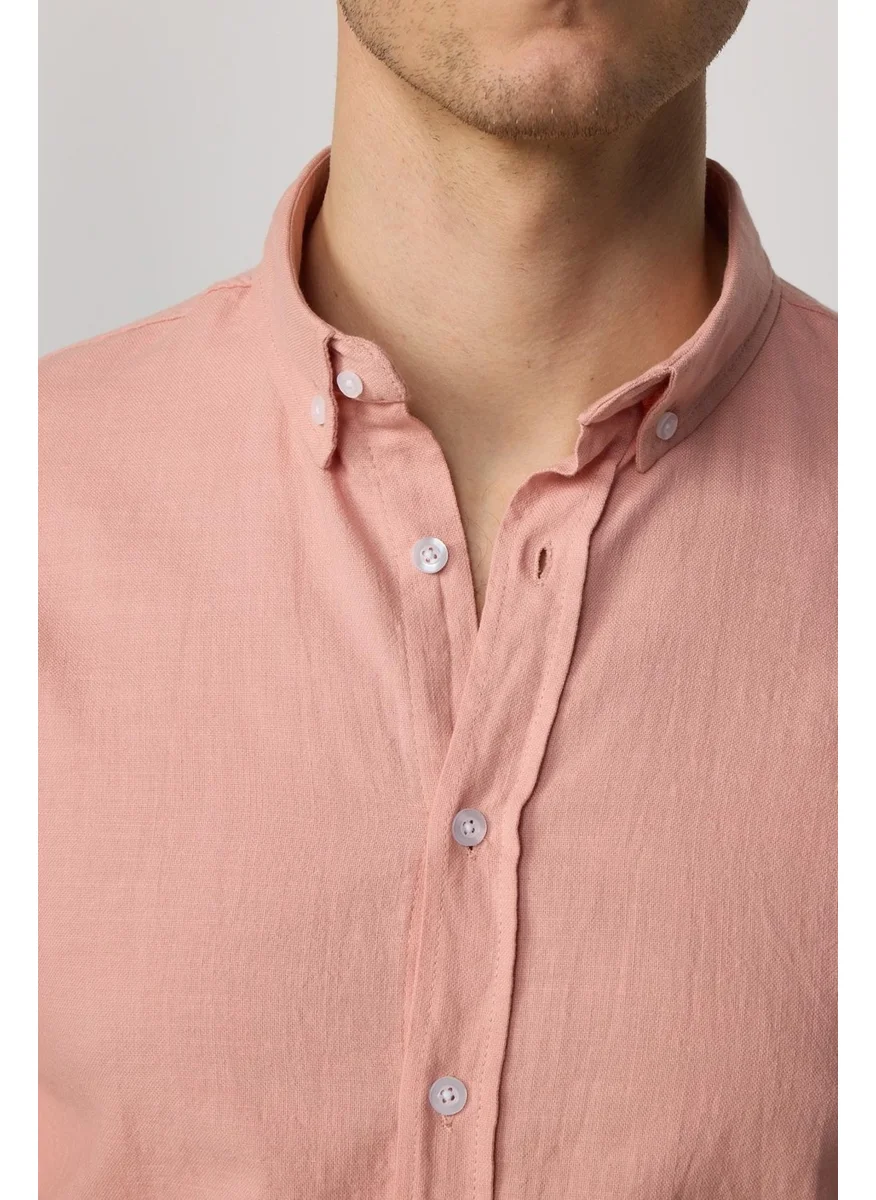 تودورس Tudors Slim Fit Long Sleeve Buttoned Collar Linen Powder Men's Shirt