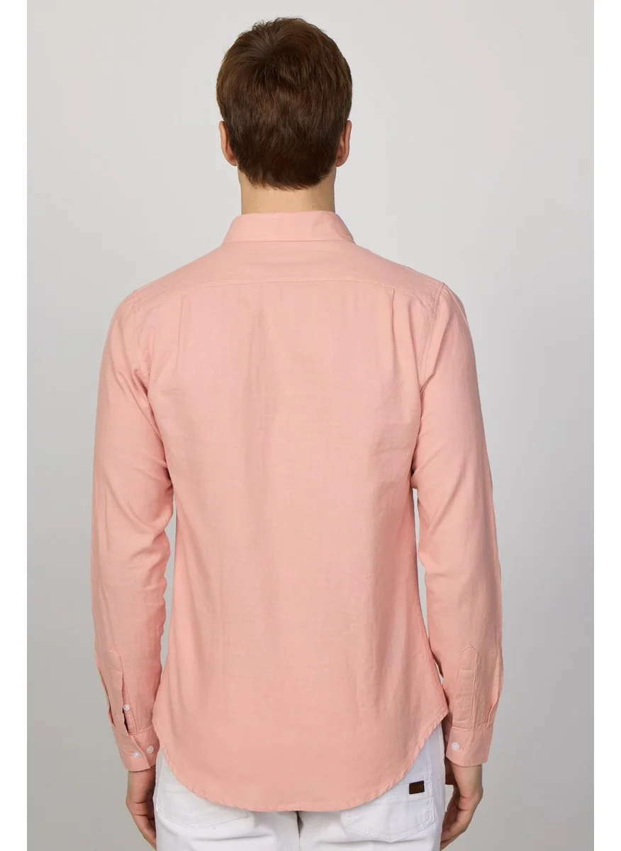 تودورس Tudors Slim Fit Long Sleeve Buttoned Collar Linen Powder Men's Shirt