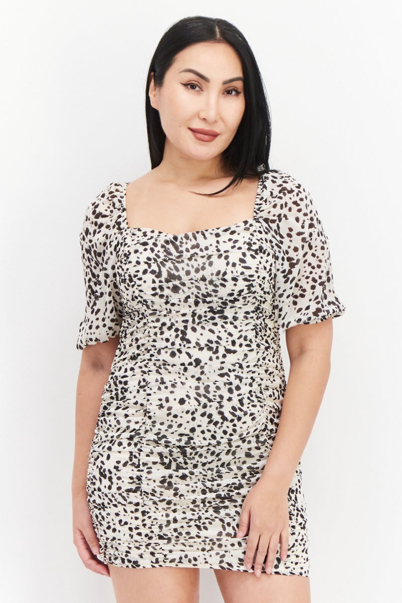 Missguided Women Petite Animal Print Mini Dress, Cream - Image 1