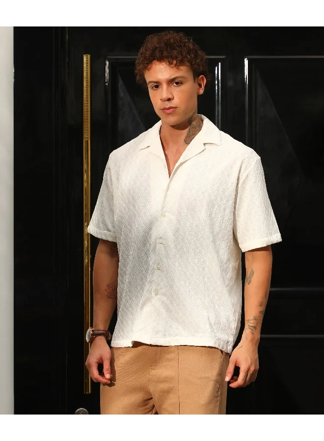 CAHOOT  Men's Powder White Rhombus-Texture Oversized Shirt for Men | Best Price UAE