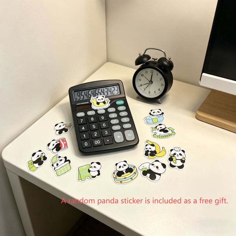 Minimalist Black Business Calculator 12 Digit Large Screen Digital Display Dual Power Supply Financial Grade Buttons Home Study Office Use Includes Random Panda Stickers - Image 1