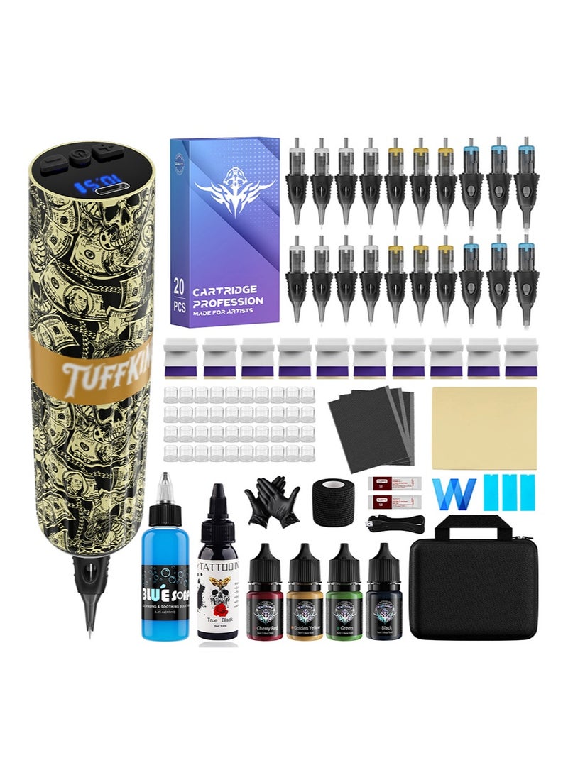 HaLunhi Wireless Tattoo Machine Kit，Includes a 1600mAh Tattoo Power Bank，20 Cartridge Tattoo Needles，Colored Tattoo Ink，and Other Accessories，Suitable for Tattoo Artists (Gold) - Image 1
