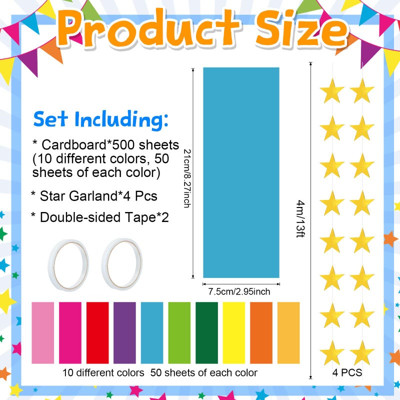 Maitys 500 Sheets Paper Chain Strips and Mirror Star Garland 13 Feet Paper Crafts Banner with Double Sided Tape for Crafting Birthday Wedding Festival Theme Party Decor (Multicolor,3 x 8 Inches) - Image 2
