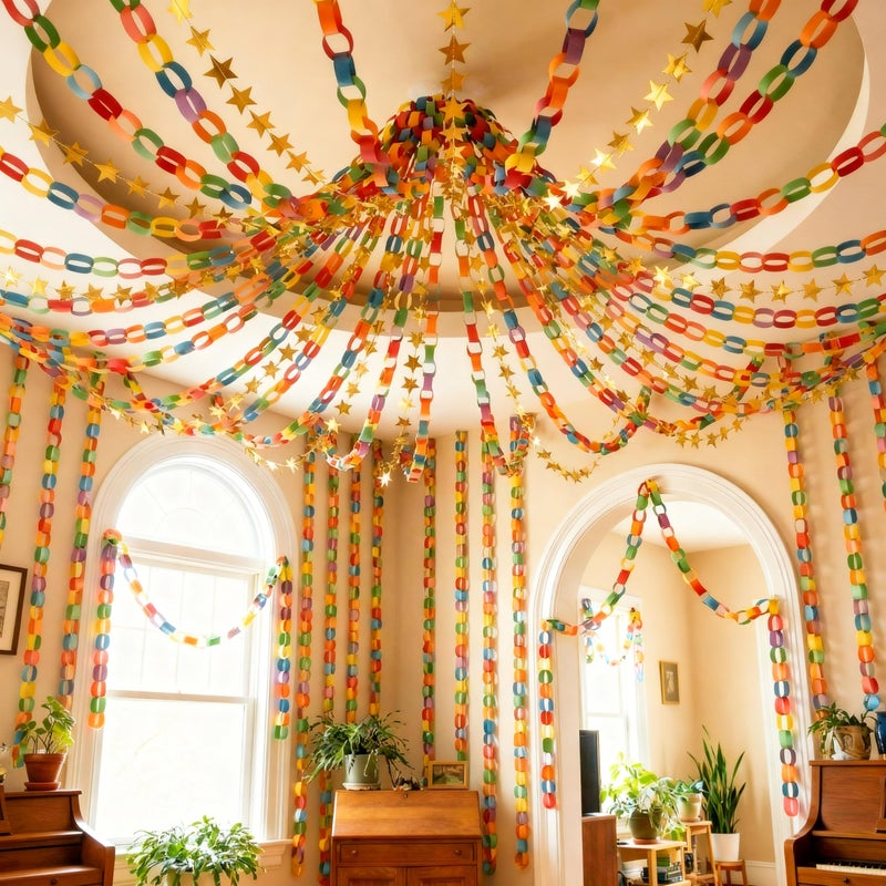 Maitys 500 Sheets Paper Chain Strips and Mirror Star Garland 13 Feet Paper Crafts Banner with Double Sided Tape for Crafting Birthday Wedding Festival Theme Party Decor (Multicolor,3 x 8 Inches) - Image 4