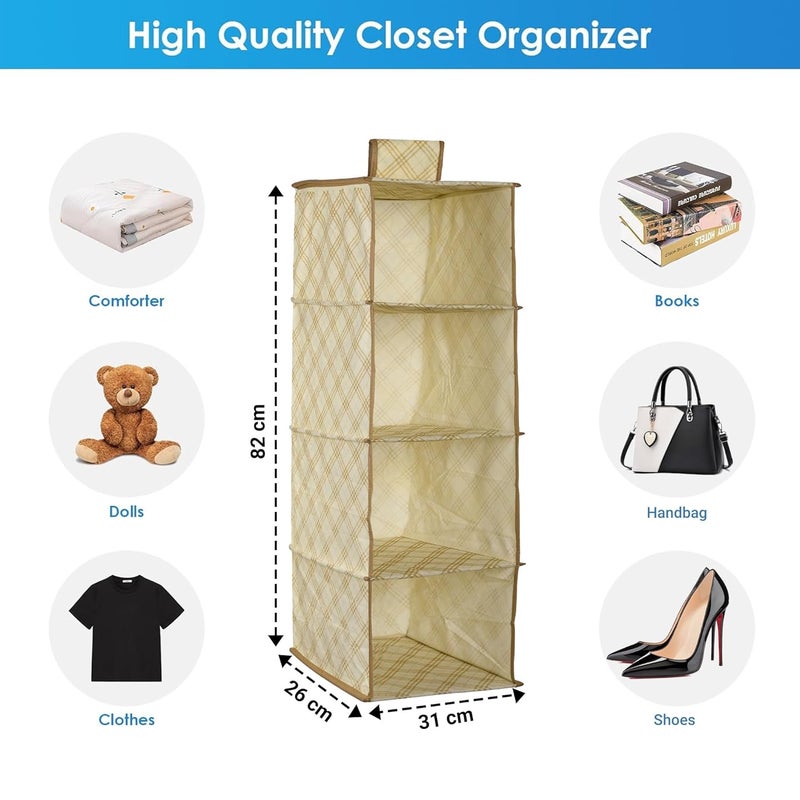 Kuber Industries Kuber Industries Pack of 2 Shoe Rack | 4 Shelf Foldable Storage Rack | Clothes Hanging Organizer | Shoe Storage Organizer | Closet Organizer with Velcro | Cabinet Storage Rack | Check-Print | Cream  - Image 2