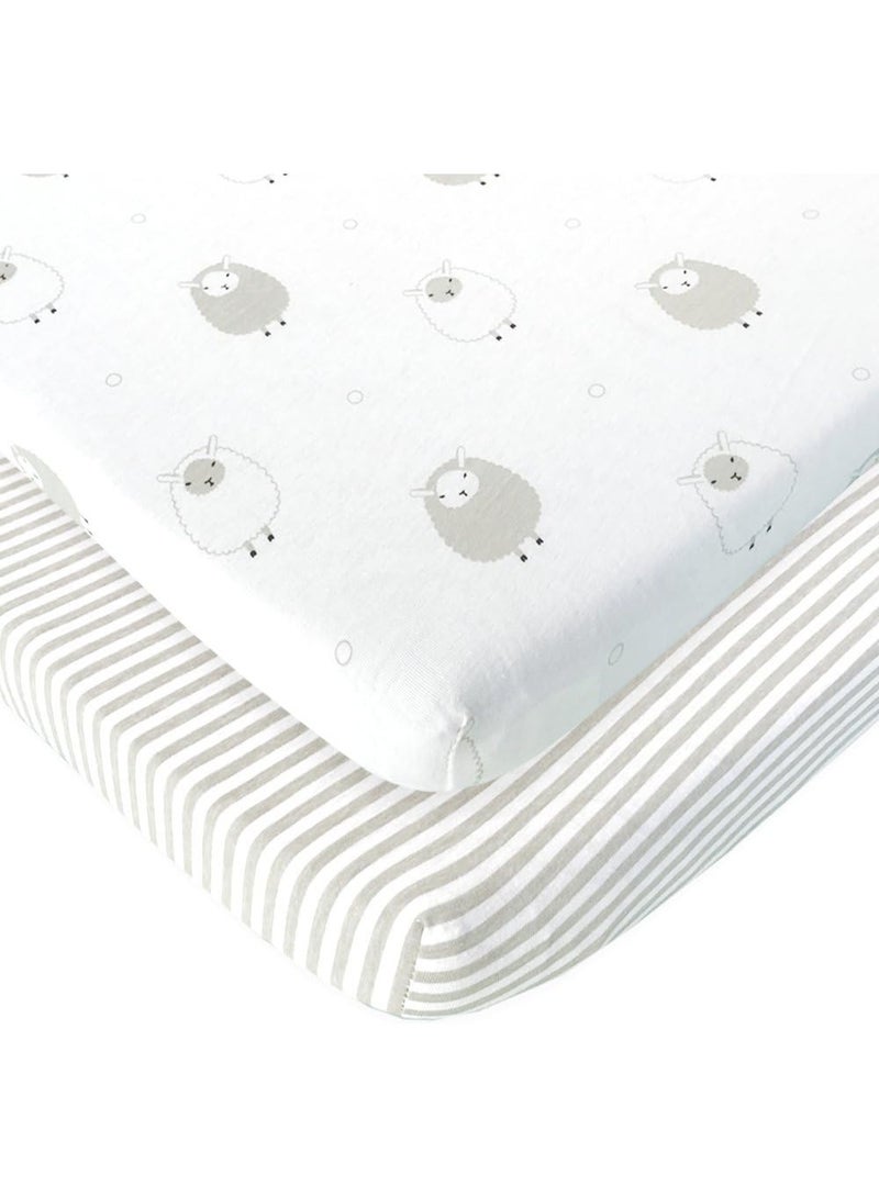 Joey + Joan Travel Lite Crib Sheets Compatible with Graco Travel Lite Crib with Stages â€“ Fits Perfectly on 20â€ x 30â€ Mattress Without Bunching Up â€“ Snuggly Soft Jersey Cotton â€“ Grey Sheep, Stripe â€“ 2 Pack - Image 1