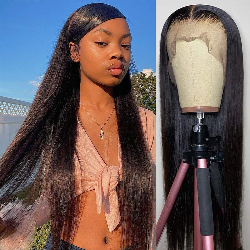 Mengkai 28 Inch Straight Lace Front Wigs Human Hair Glueless Lace Front Wigs Human Hair Pre Plucked with Baby Hair Straight 13x4 Ear to Ear Lace Frontal Wigs Human Hair HD Lace Front Wigs Human Hair
