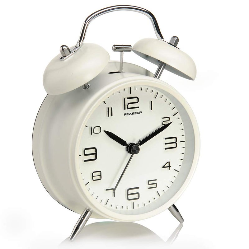 Peakeep 4 Inches Twin Bell Loud Alarm Clock for Heavy Sleepers Backlight Battery Operated Old Fashioned Alarm Clock for Bedrooms 3DDial White