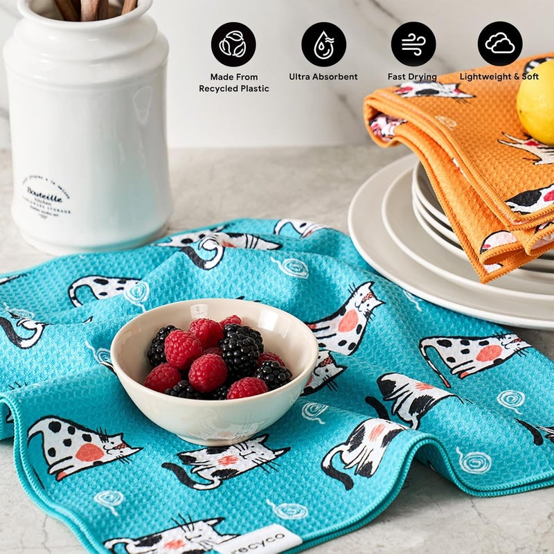 RECYCO Waffle Kitchen Towel Set of 2 - Quick Dry Microfiber Sustainable Dish Towels - Ultra Absorbent Reusable Cleaning Tea Towels - Lightweight Hand Towels,16”x 28”, Cuddly Cats - Image 2