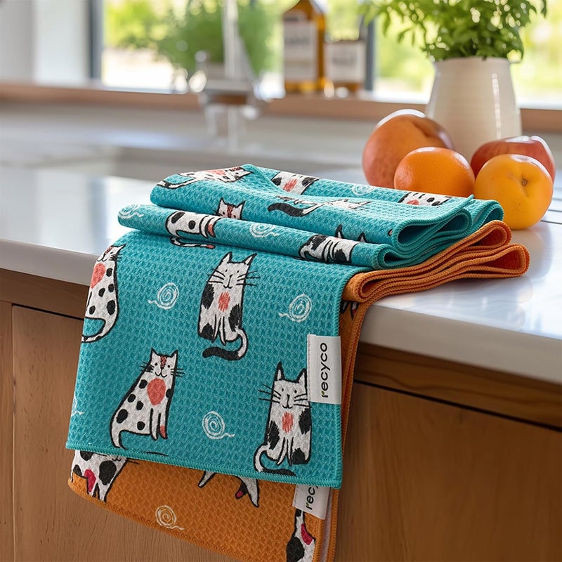 RECYCO Waffle Kitchen Towel Set of 2 - Quick Dry Microfiber Sustainable Dish Towels - Ultra Absorbent Reusable Cleaning Tea Towels - Lightweight Hand Towels,16”x 28”, Cuddly Cats - Image 1