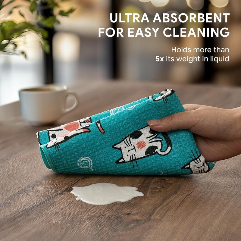RECYCO Waffle Kitchen Towel Set of 2 - Quick Dry Microfiber Sustainable Dish Towels - Ultra Absorbent Reusable Cleaning Tea Towels - Lightweight Hand Towels,16”x 28”, Cuddly Cats - Image 4