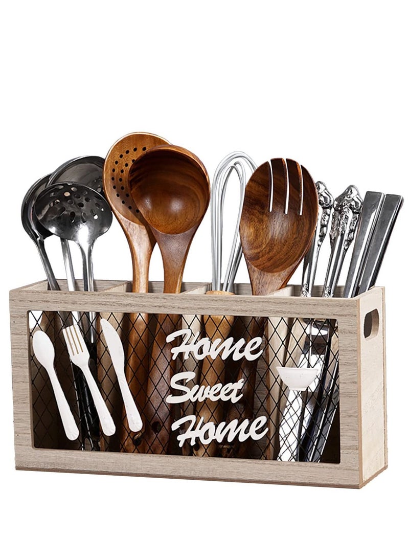 Wooden Silverware Holder, 4 Compartments Kitchen Utensil Holder for Countertop,Rustic Spoon Tools Storage Caddy Decoroon Decor - Image 1