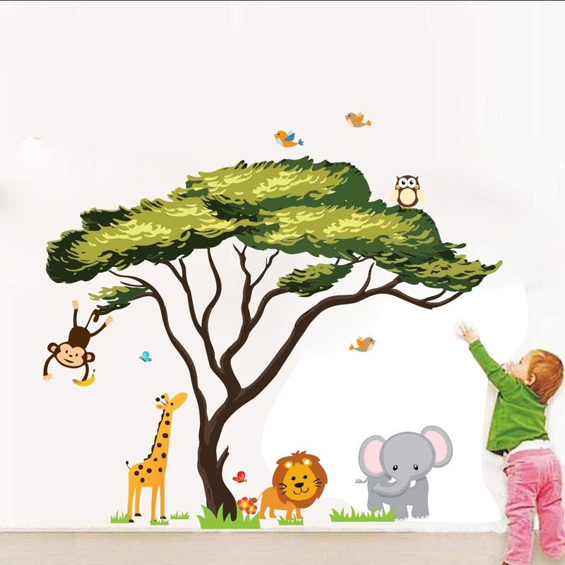 Decor Villa PVC Vinyl Animal with Tree 3D Wall Sticker JUST Peel Stick New Modern Art Trendy Wall Stickers for Home Decoration Living RoomOffice Bedroom etc Size 58 CM X 53 CM Multicolor