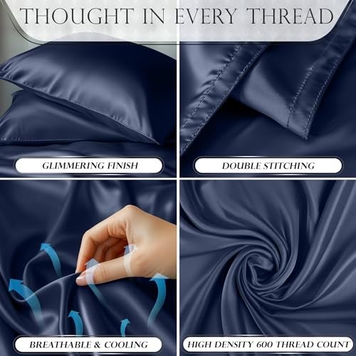 DECOLURE Satin Bed Sheets - 4 Piece Luxury Silky King Size Bedding Set - Softer Than Silk, Wrinkle-Free with 15” Deep Pocket Fitted Sheet, Perfect for Hair & Skin, Gifts for Women (Navy Blue) - Image 3
