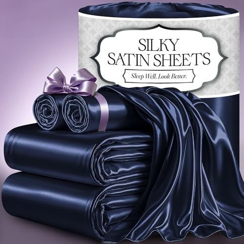DECOLURE Satin Bed Sheets - 4 Piece Luxury Silky King Size Bedding Set - Softer Than Silk, Wrinkle-Free with 15” Deep Pocket Fitted Sheet, Perfect for Hair & Skin, Gifts for Women (Navy Blue) - Image 1