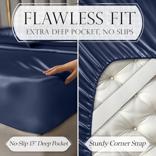 DECOLURE Satin Bed Sheets - 4 Piece Luxury Silky King Size Bedding Set - Softer Than Silk, Wrinkle-Free with 15” Deep Pocket Fitted Sheet, Perfect for Hair & Skin, Gifts for Women (Navy Blue) - Image 5