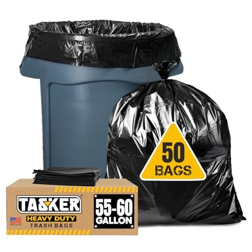 Tasker 55-60 Gallon Trash Bags Heavy Duty | Value 50 Count Bags w/Ties | Extra Large Industrial Trash Bags 55 Gallon, Lawn and Leaf Bags, Extra Large Outdoor Contractor Trash Can Liners, 50-60 Gallon - Image 1