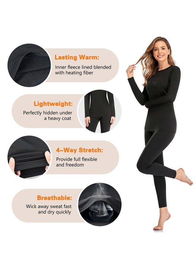 SIMIYA Thermal Underwear Set for Women Long Johns with Fleece Lined Long Sleeves Base Layer Set Top Bottom Black, Black, S - Image 3