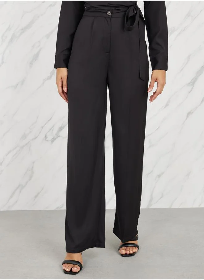 Styli Collared Wrap Top and Wide Leg Pant Set
