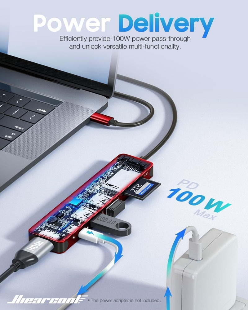 Hiearcool USB C Hub, USB-C to HDMI Multi-Port Adapter for MacBook Pro/Air, 7-in-1 USBC Dongle with 4K HDMI 100W Power Delivery SD/TF Card Reader Type-C Dock for Dell HP Lenovo Laptops-Dark Red - Image 3