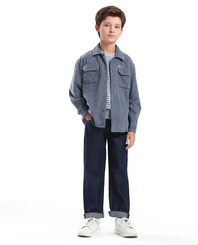 رير ونز Rare Ones Kids Cord Grey Cotton Full Sleeve Button Embroidered Regular Fit Shirt