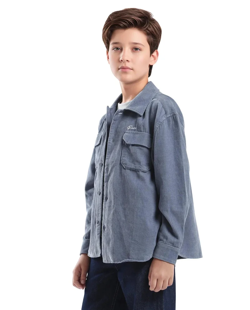 Rare Ones Rare Ones Kids Cord Grey Cotton Full Sleeve Button Embroidered Regular Fit Shirt