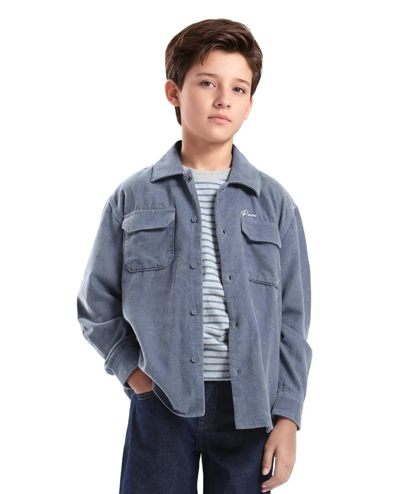 Rare Ones Rare Ones Kids Cord Grey Cotton Full Sleeve Button Embroidered Regular Fit Shirt