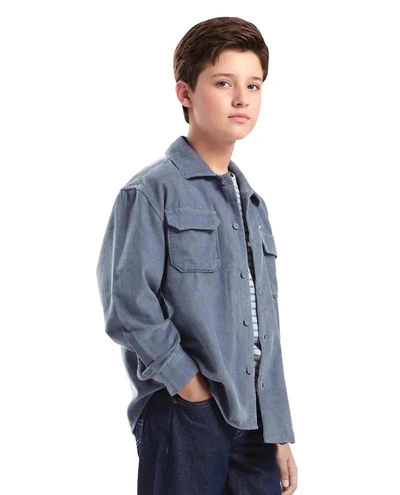 Rare Ones Rare Ones Kids Cord Grey Cotton Full Sleeve Button Embroidered Regular Fit Shirt