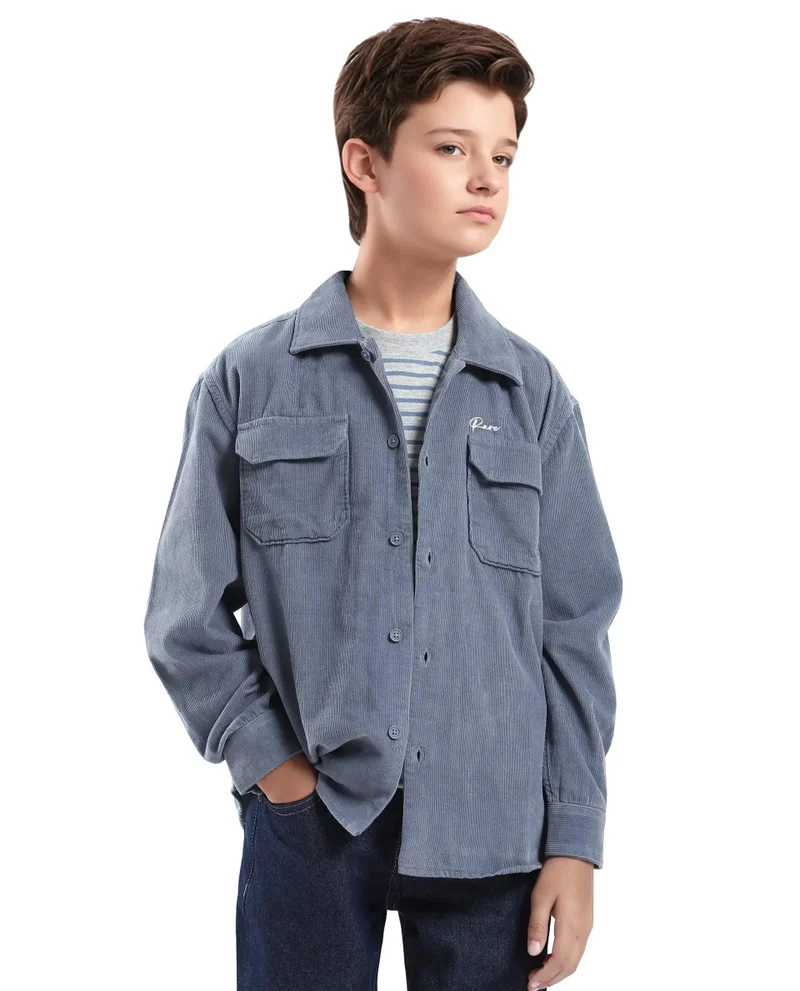 رير ونز Rare Ones Kids Cord Grey Cotton Full Sleeve Button Embroidered Regular Fit Shirt