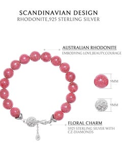 AWNL Women's Rose Charm Beaded Bracelet with Australian Rhodonite Gemstone, Silver Charm and 18k White Gold Plated Gift for Her  - Image 4