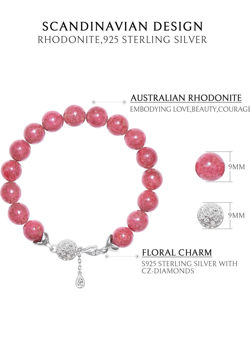 AWNL Women's Rose Charm Beaded Bracelet with Australian Rhodonite Gemstone, Silver Charm and 18k White Gold Plated Gift for Her  - Image 5