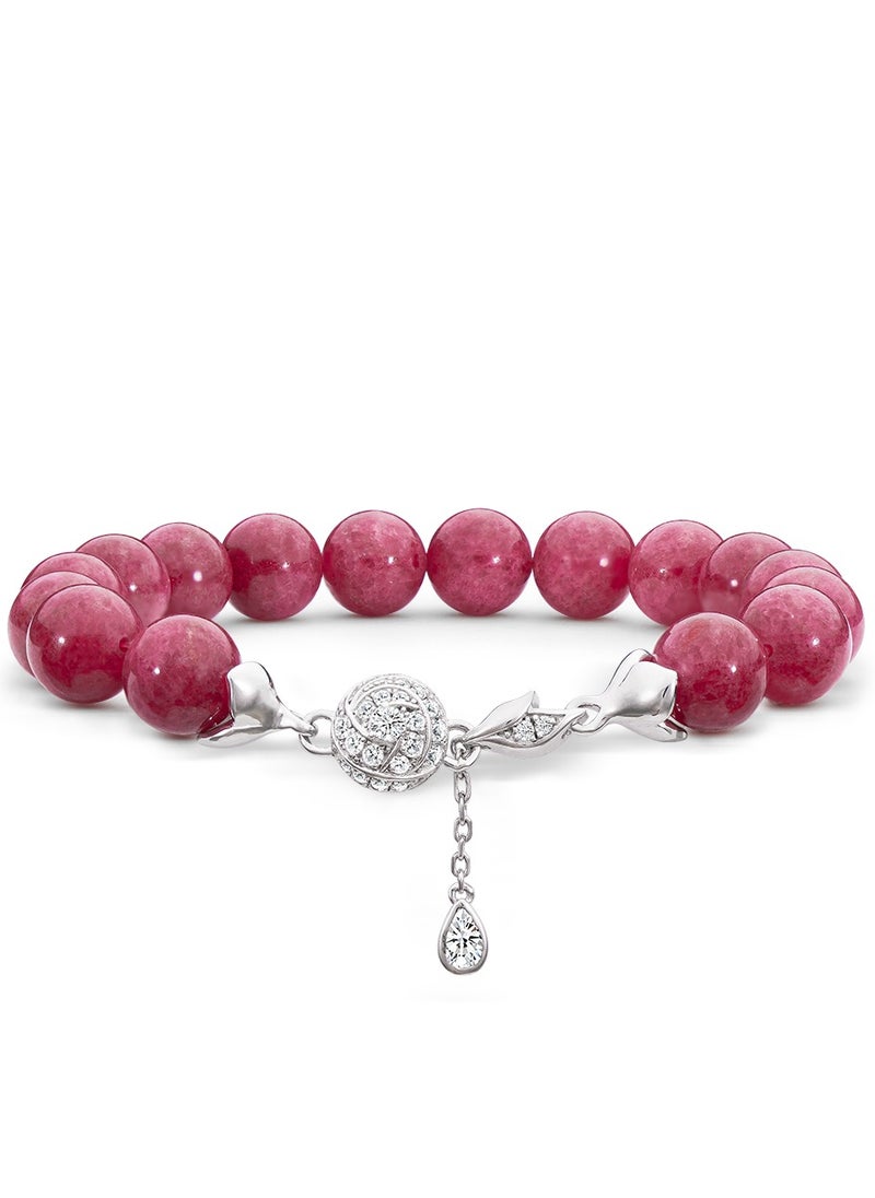 AWNL Women's Rose Charm Beaded Bracelet with Australian Rhodonite Gemstone, Silver Charm and 18k White Gold Plated Gift for Her  - Image 1