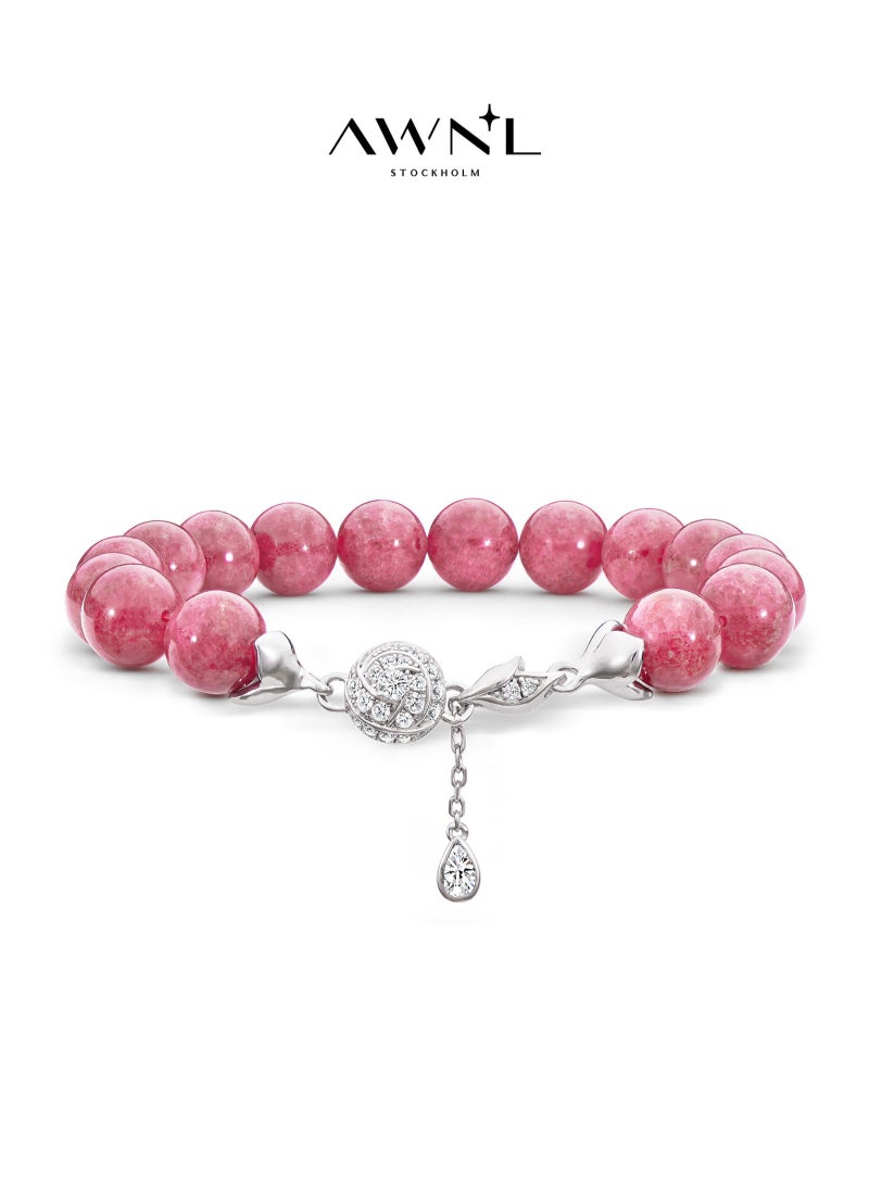 AWNL Women's Rose Charm Beaded Bracelet with Australian Rhodonite Gemstone, Silver Charm and 18k White Gold Plated Gift for Her - Image 1